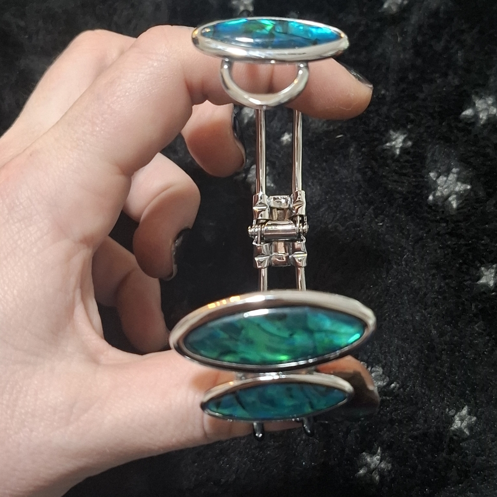 🐚Abalone Puau Shell Blue Green Mother Of Pearl Silver Hinge Cuff Bracelet - Picture 9 of 10